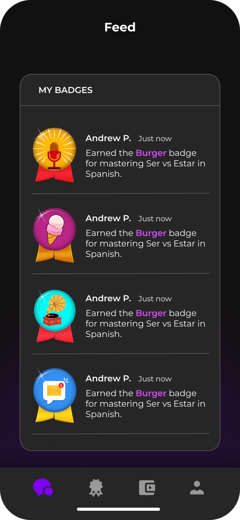 AndBe Feed showing earned badges